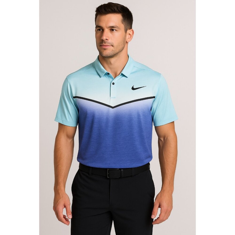 Nike Golf Mobility Fade Dri Fit Polo Shirt Mens Sz M Teal to Blue Ombre Fade